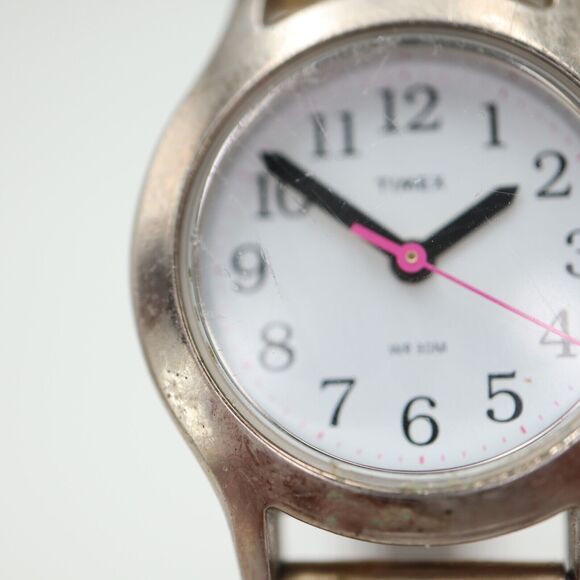 Timex Womens Watch Silver Tone 25mm White Dial Gold Stretch Band w New Battery - Picture 9 of 14